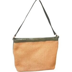 Vintage WALTER KATTEN Woven Tan Bag With Olive Toned Leather Trim. Gold Hardware